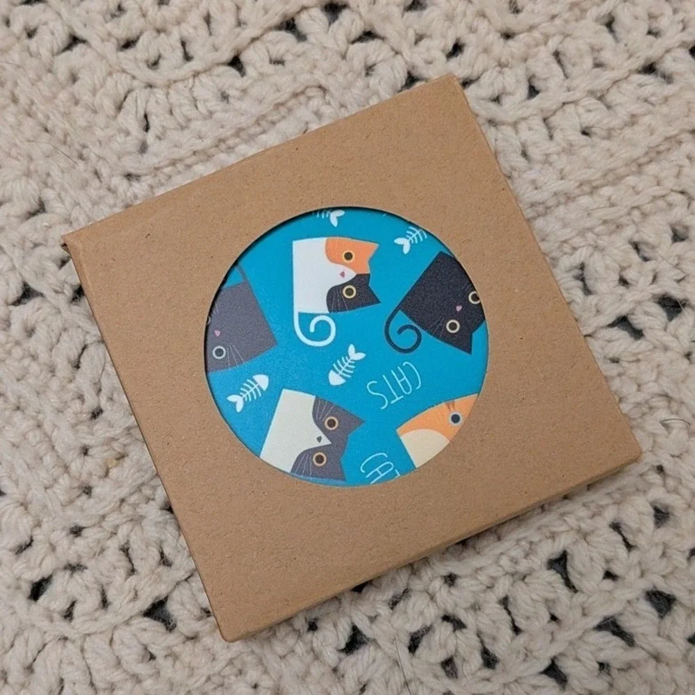 Cat Kitten Round Coaster Set of 4 Blue Purple Cream Multi Pattern New in Box‎