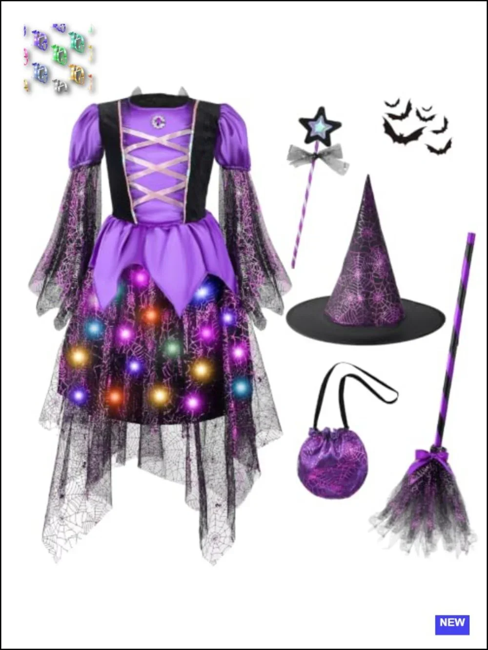 Kids Witch Costume with LED Lights, Hat, Broom, Bag & Wand, Halloween Party