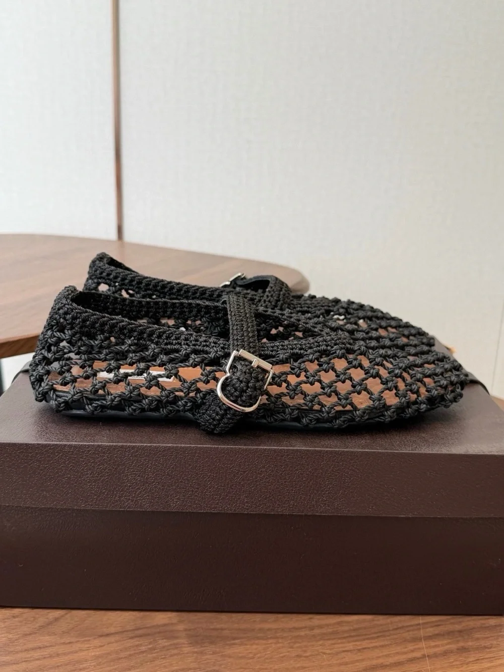 Alaia Black Crochet Mary Jane Flats with Buckle Strap