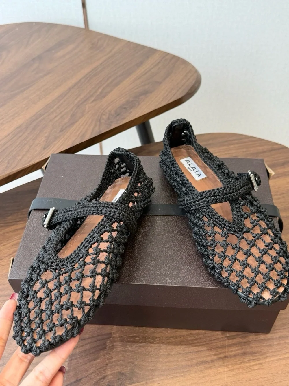 Alaia Black Crochet Mary Jane Flats with Buckle Strap