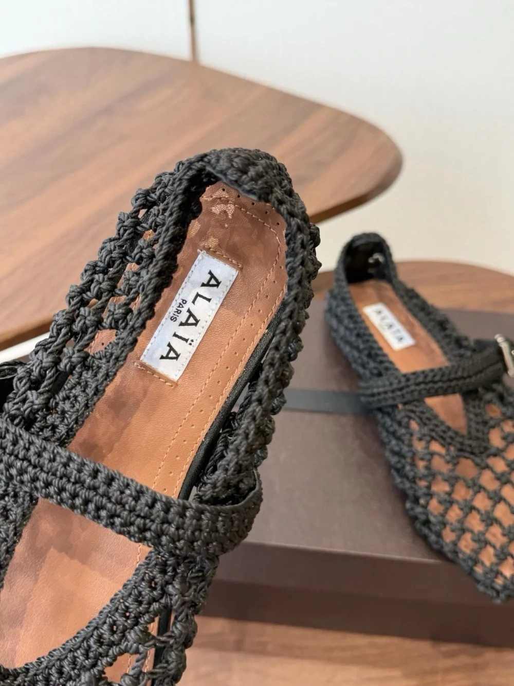 Alaia Black Crochet Mary Jane Flats with Buckle Strap