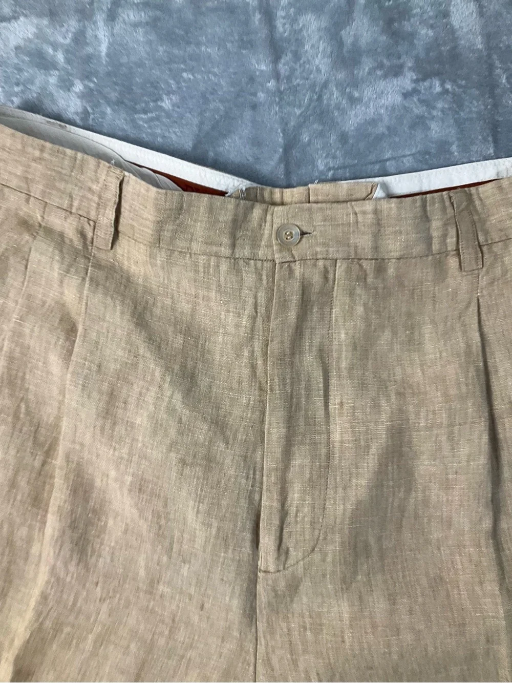 VTG Prestige Linen Pants Men’s 44 Tan Pleated Cuffed Preppy 25” Inseam Summer