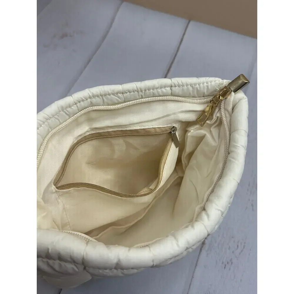 Puffy Quilted Makeup Bag White Checkered Travel Cosmetic Toiletry‎ NEW