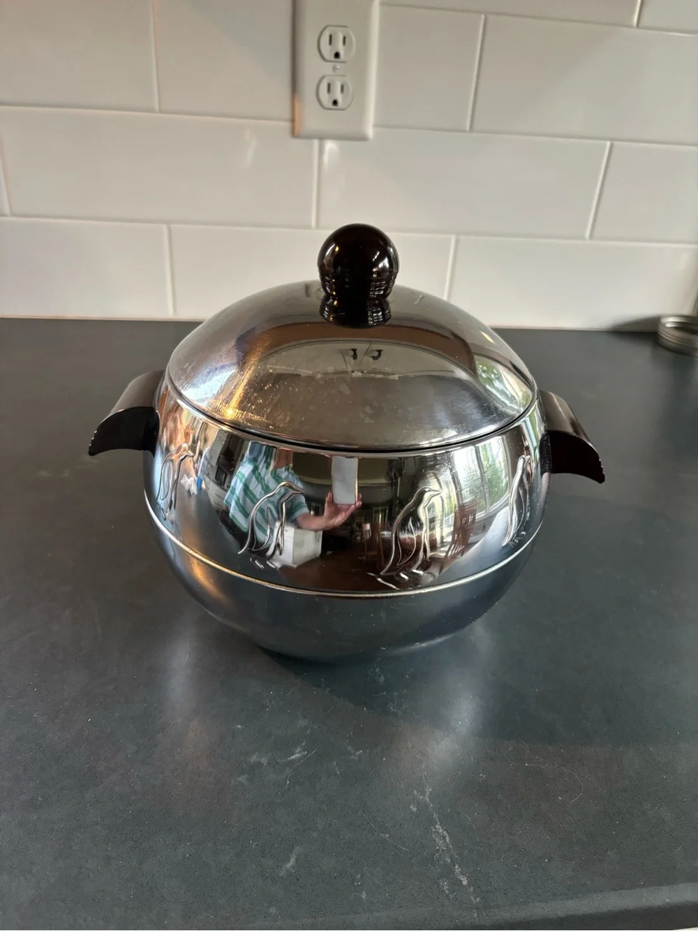 Stainless Steel Ice BuckeServing Bowl with Lid  Bakelite handles.  Penguin