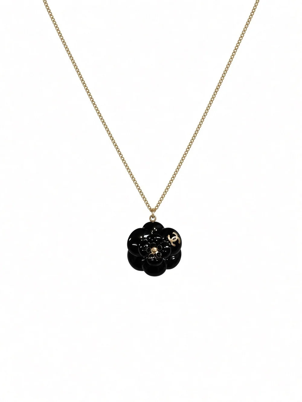 CHANEL Black Camellia Pendant Necklace with Gold Chain