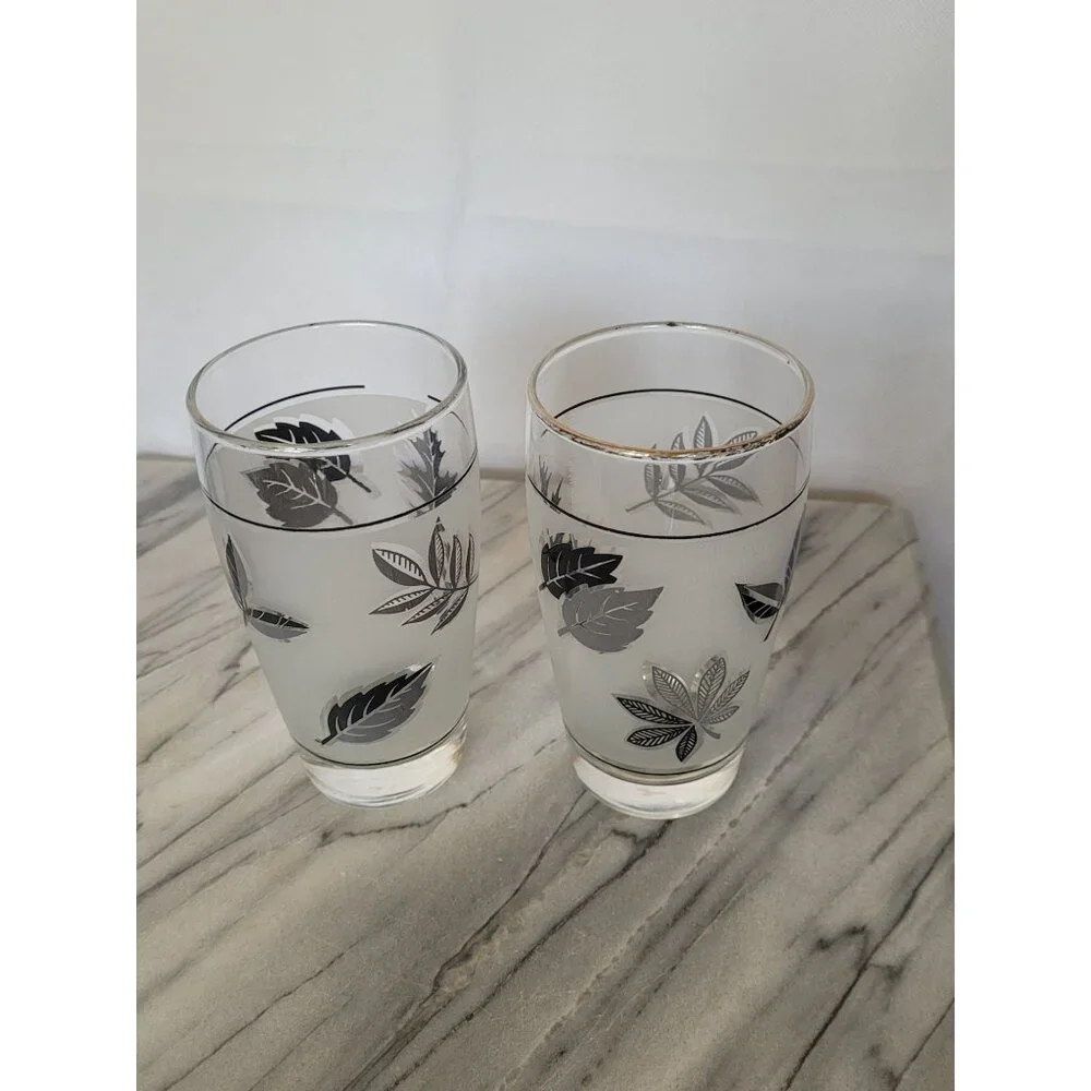 Vintage 1960's 12 Ounce‎ Libby Frosted Silver Leaf Tumblers Glasses 5 & 1/4