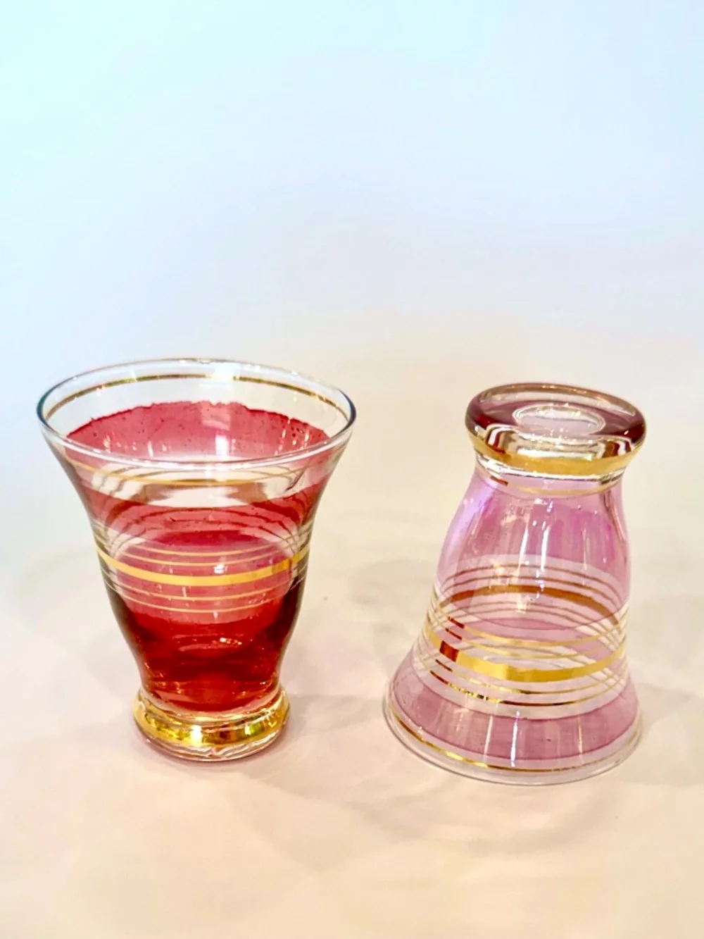 Vintage 6 MCM 1950's Multi-Colored Pastel Gold Striped Hand-Blown Shot Glasses