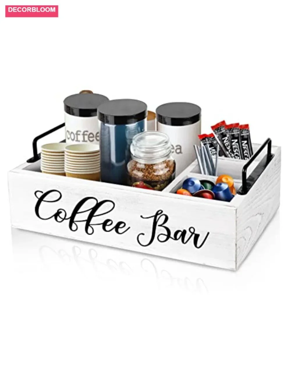 Wood Coffee Bar Organizer with 4 Compartments, Coffee Pod Holder & Storage