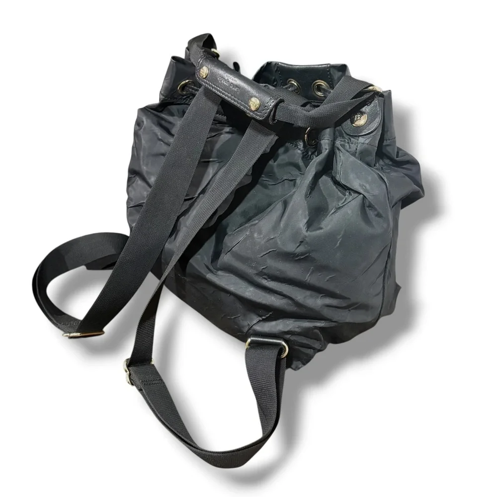 Kate Spade New York Black Nylon Leather Drawstring Bucket Backpack Bag PXRU2483