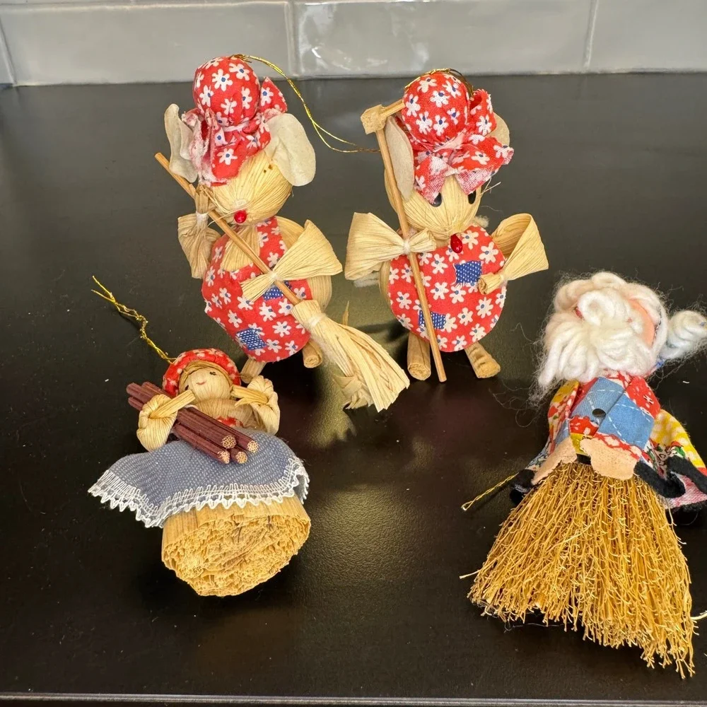 Vintage Corn Husk Christmas Ornaments Set 4 Red Blue Rustic Folk Art Mice Santa