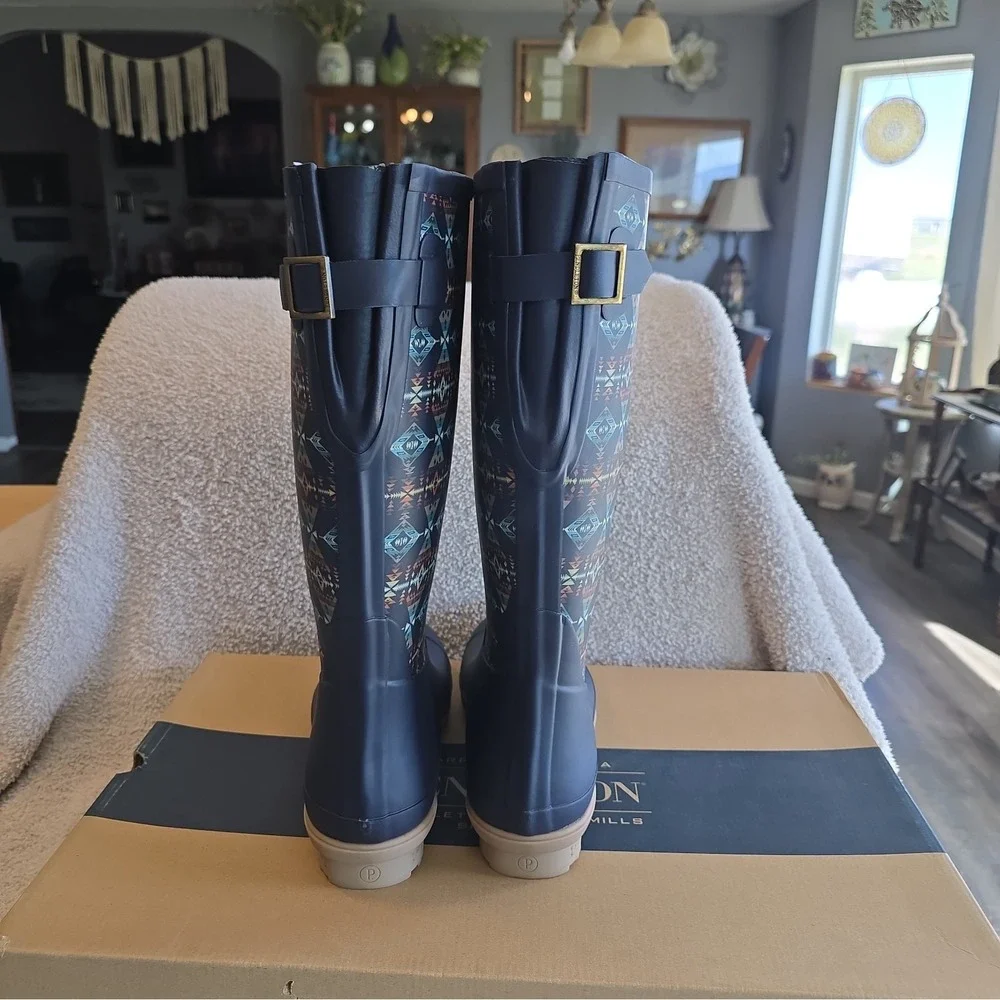 Pendleton Women's Diamond Peak Tall Navy Rain Boots Size 10 NIB Southwest Design