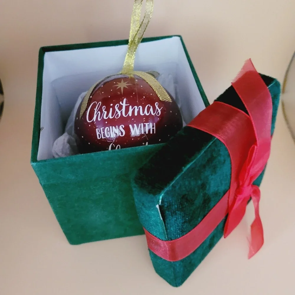 Christmas Begins With Christ Ornament w Gift‎ Box Paper Mache Red