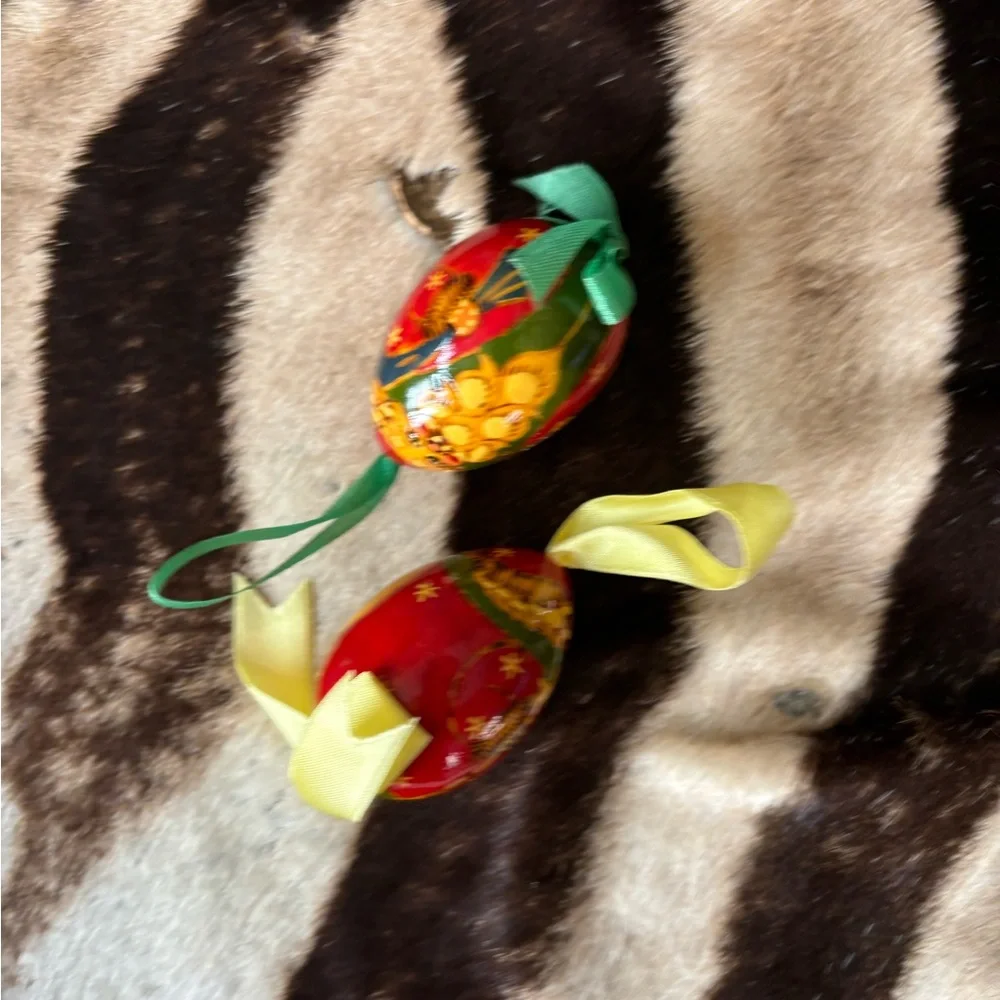 Russian hand painted egg ornaments. Bundle of 2. With‎ ribbons. Wooden