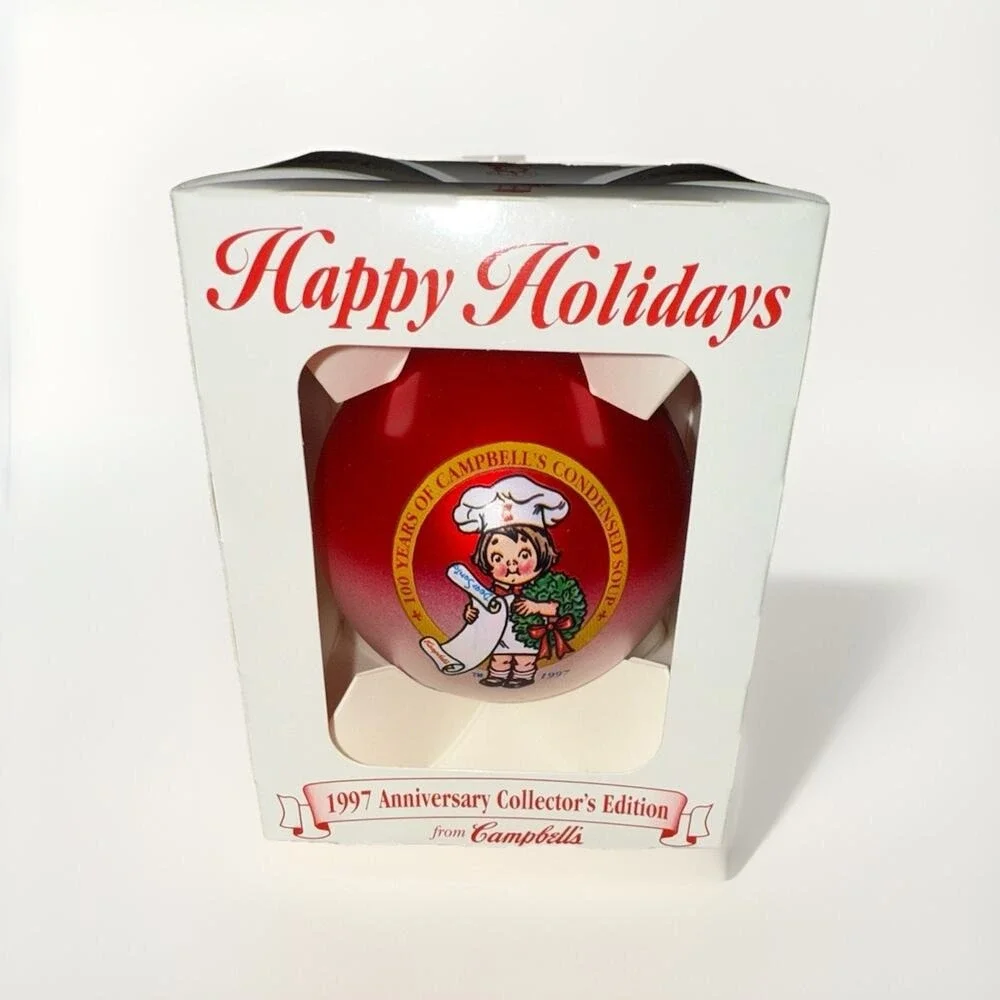 Vintage 1997 Campbell's Soup 100 Years Anniversary Christmas Ornament Red Glass