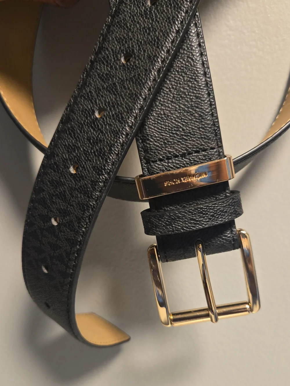 Michael Kors Black Logo Leather Belt with Gold Buckle