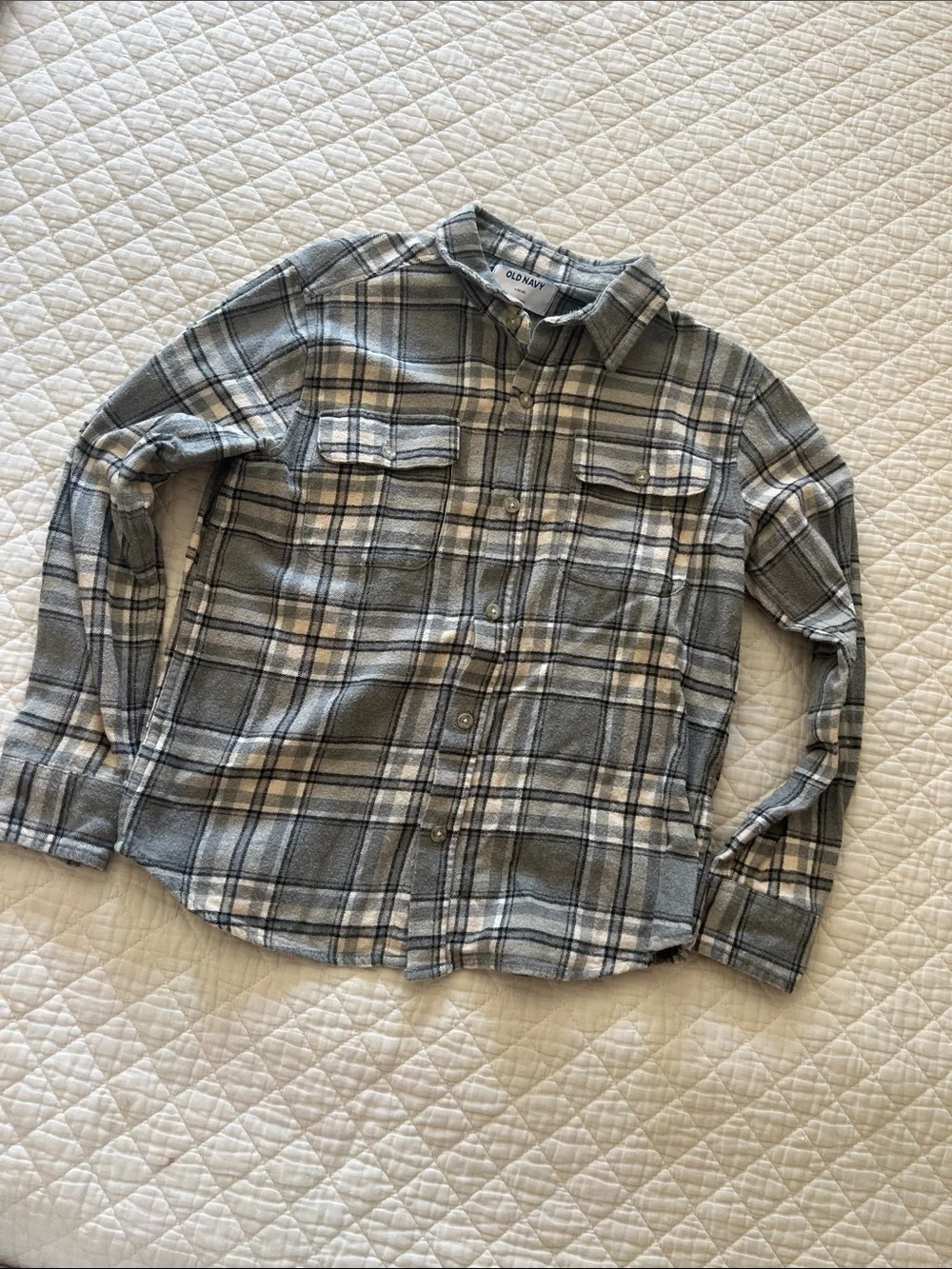 Old Navy Boys Gray Plaid Flannel Shirt Size Large 10/12