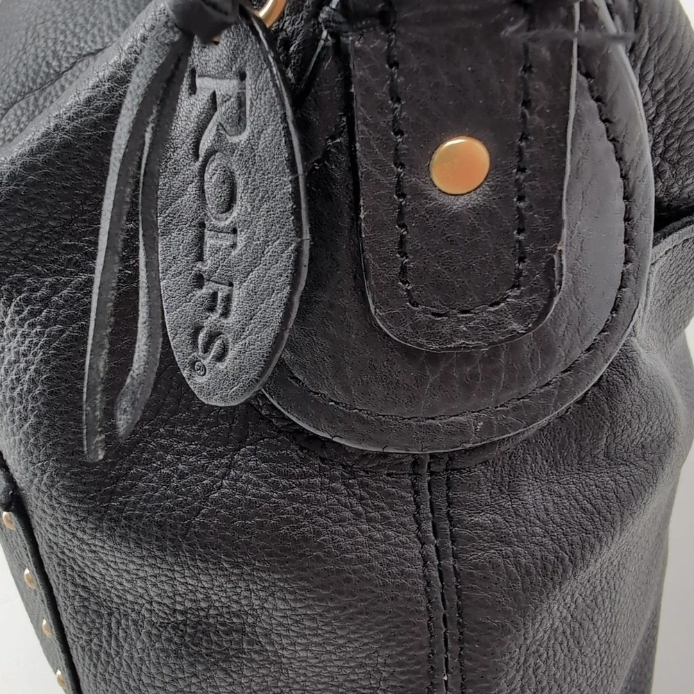 Rolfs Black Cowhide Leather Studded Hobo Shoulder Bag Gold Hardware