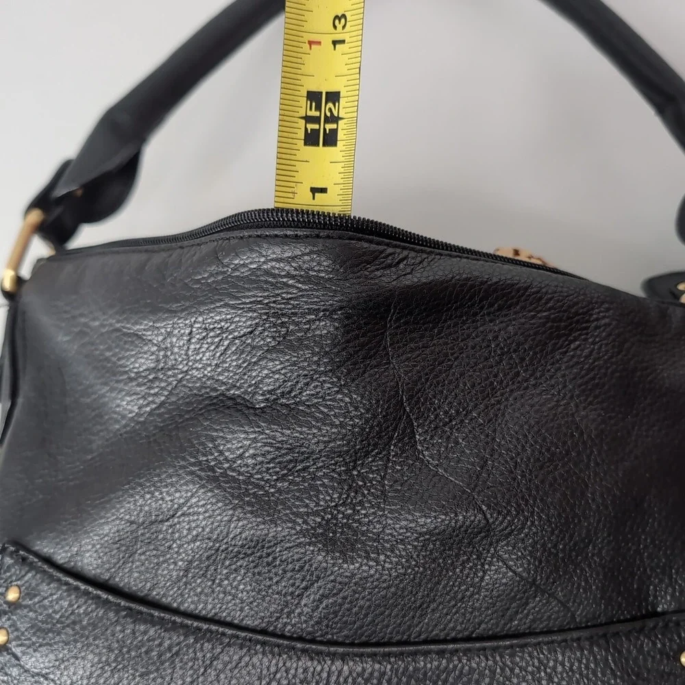 Rolfs Black Cowhide Leather Studded Hobo Shoulder Bag Gold Hardware