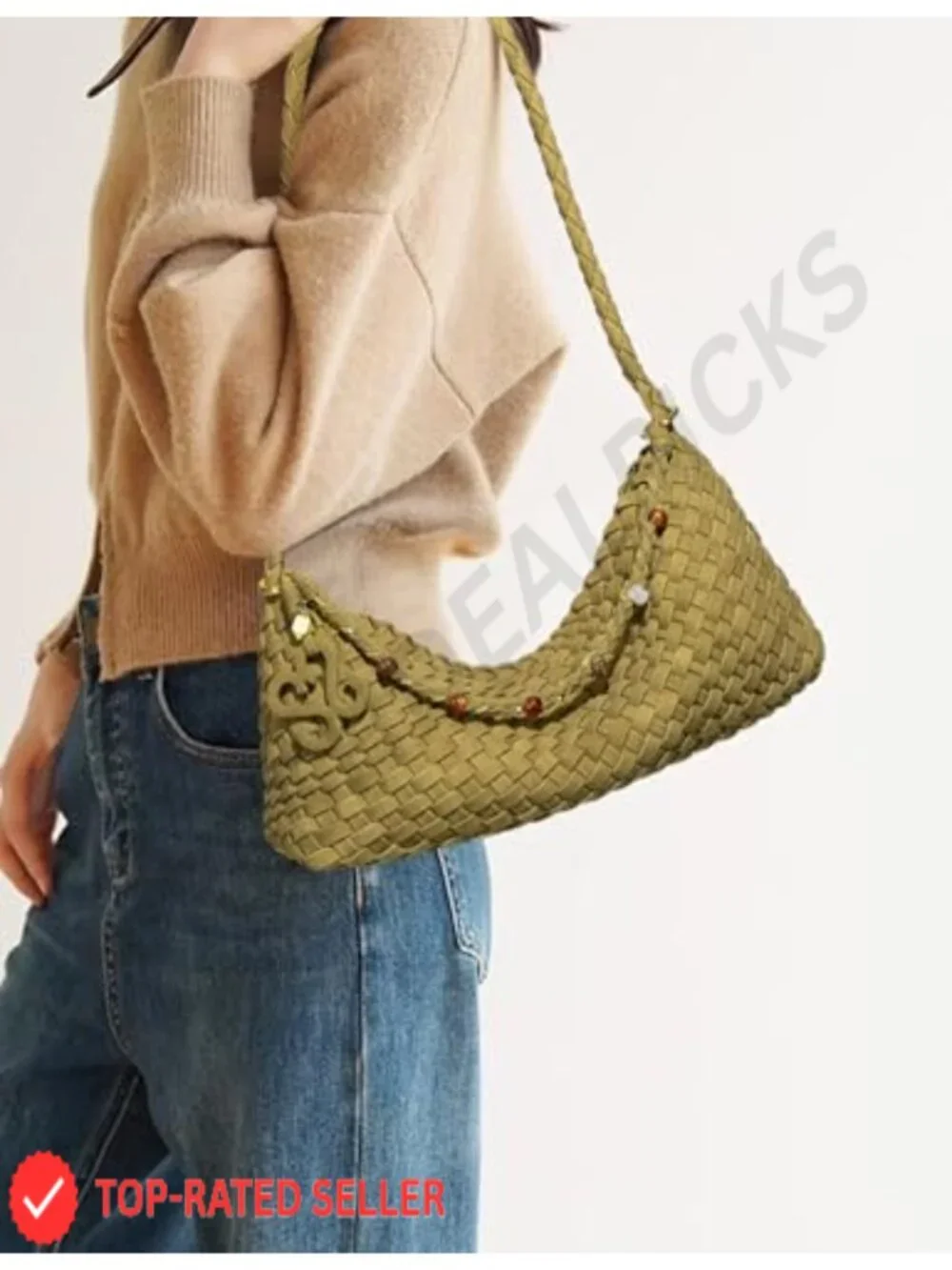 Woven Suede Hobo Bag Shoulder Tote Handmade Beaded Purse