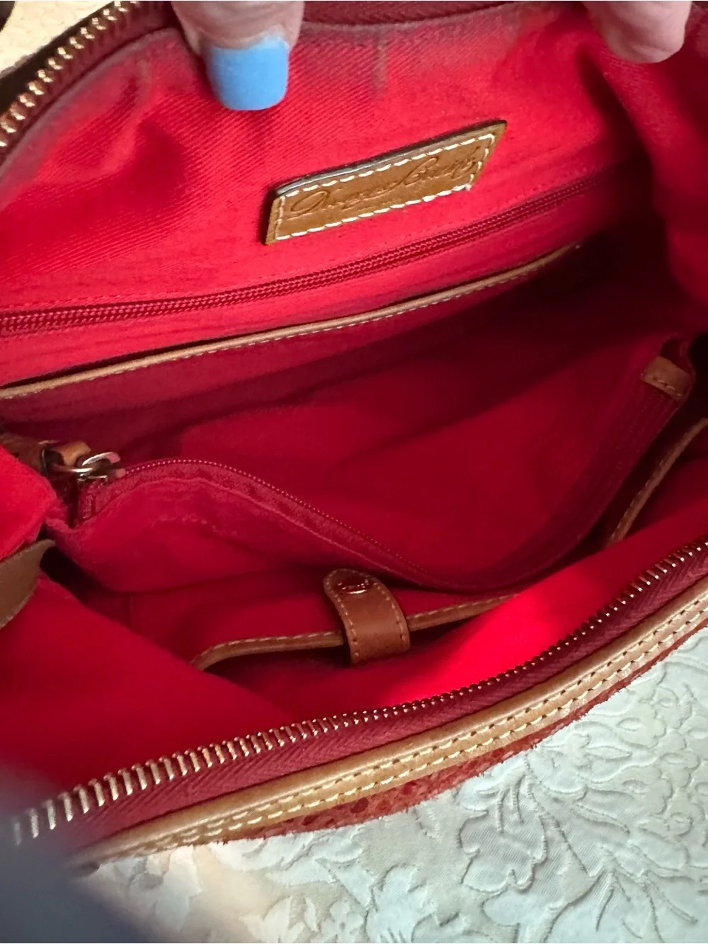 Dooney & Bourke Red Snakeskin-Effect Hobo with Tan Trim