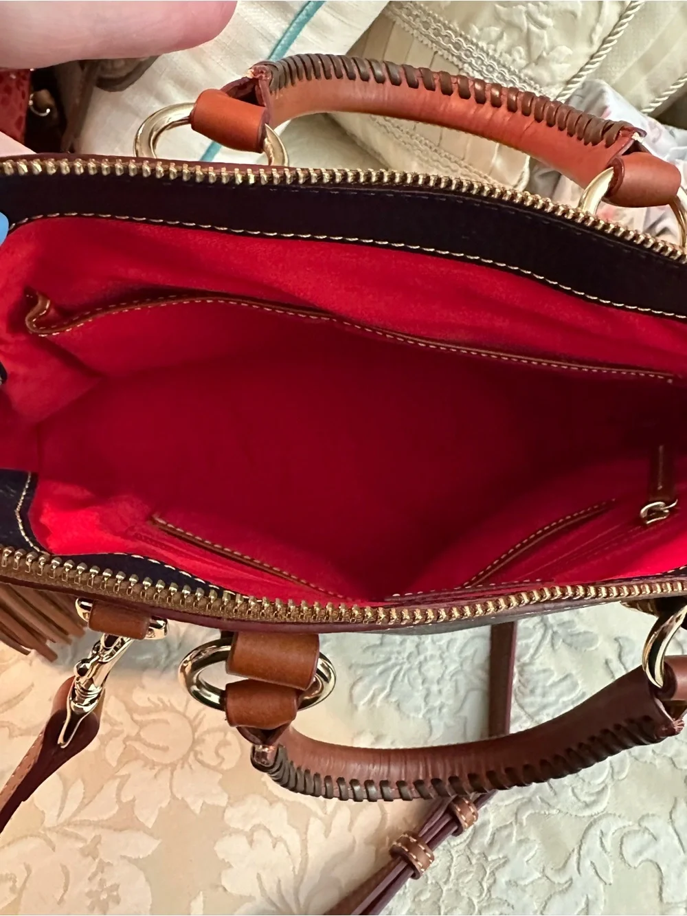 Dooney & Bourke Red Snakeskin-Effect Hobo with Tan Trim