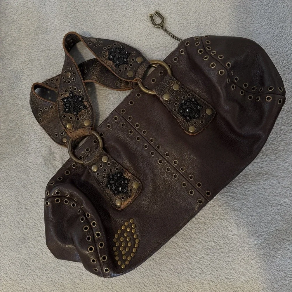 Vintage Betsey Johnson Shoulder Bag Brown Leather Medium Studded Hobo Purse Y2K