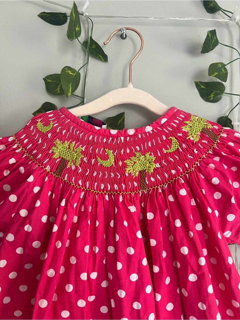 Girls' Hot Pink Polka Dot Smocked Nightgown with Yellow Ric Rac Accent