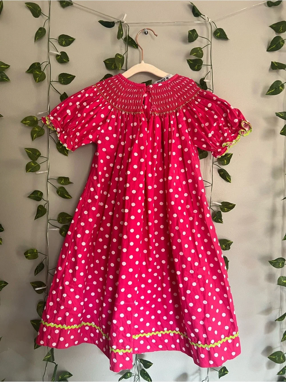 Girls' Hot Pink Polka Dot Smocked Nightgown with Yellow Ric Rac Accent