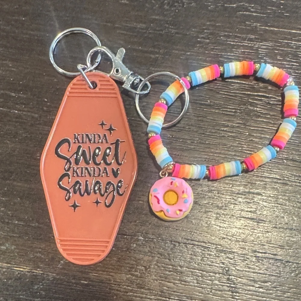 Colorful Beaded Bracelet with Donut Charm and Keychain