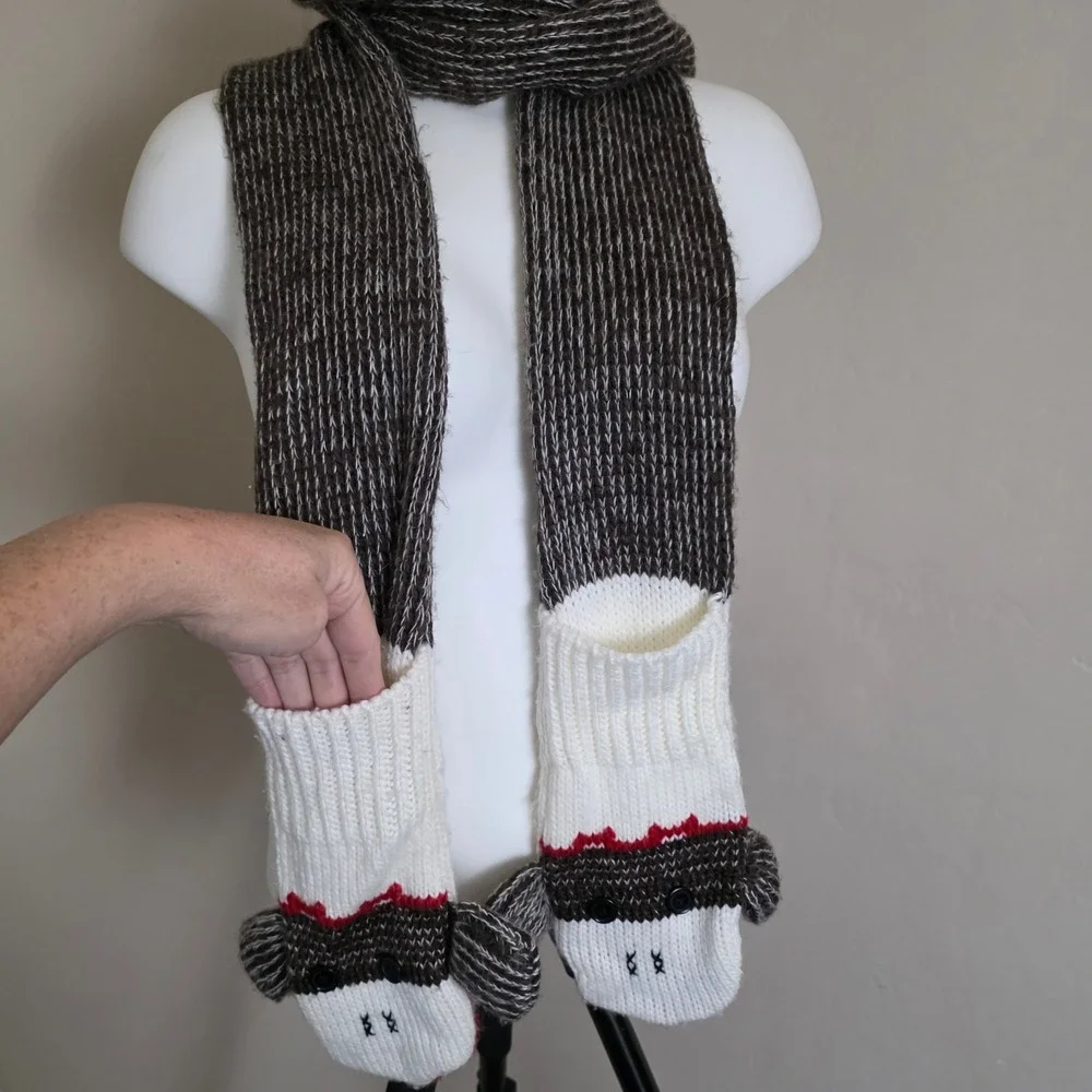 Knit Sock Monkey Scarf‎ with Hand Pockets Kitchy Whimsical Novelty Festive Retro