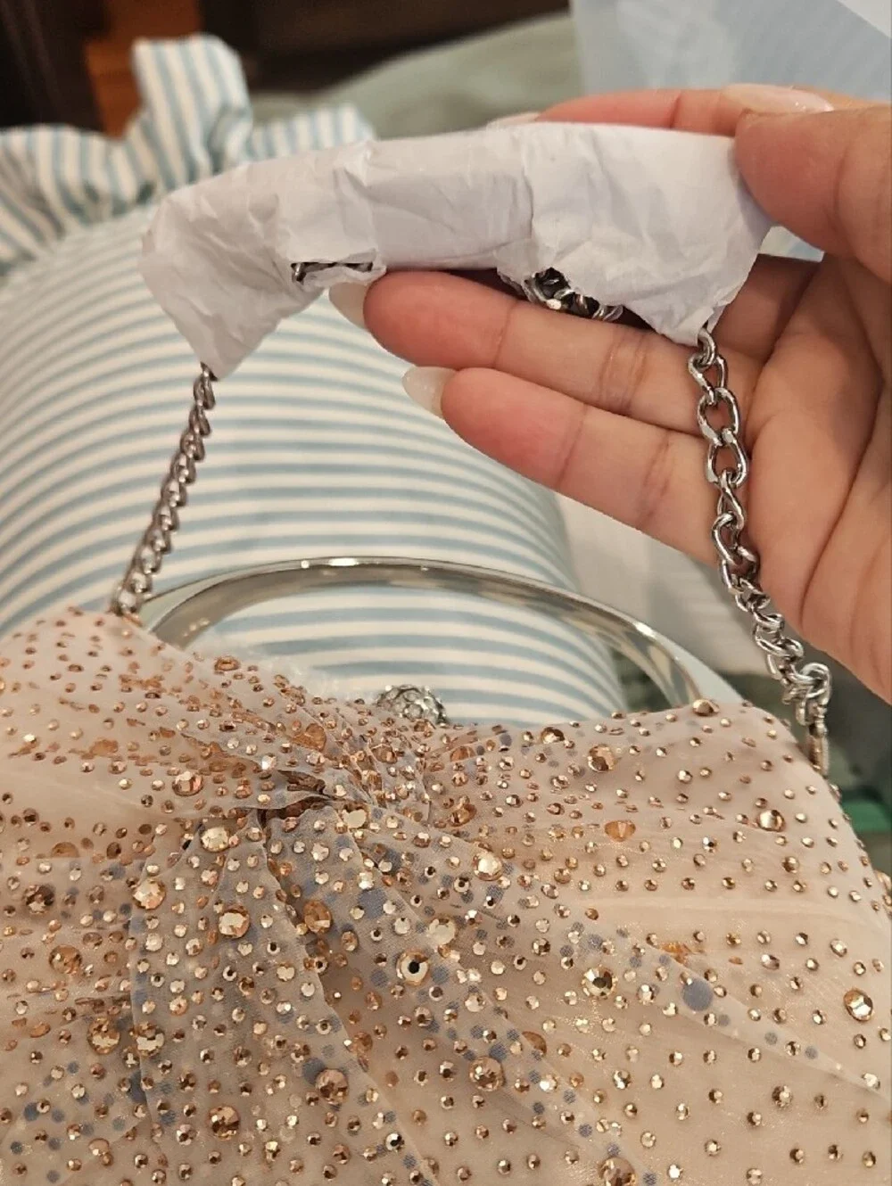 Nina Blush Pink Crystal-Embellished Evening Clutch with Silver Handle