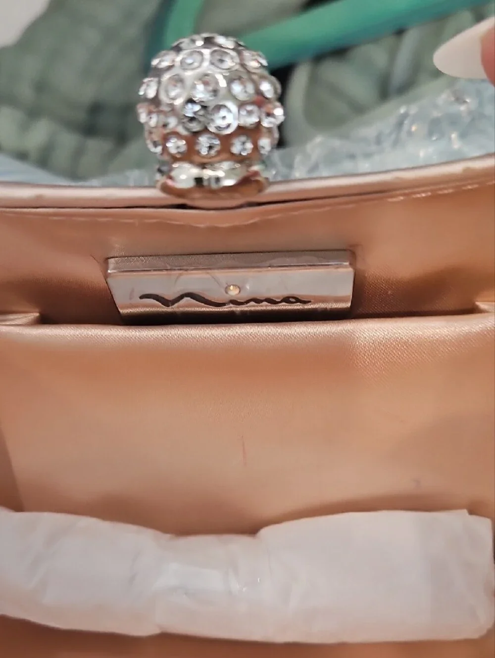 Nina Blush Pink Crystal-Embellished Evening Clutch with Silver Handle
