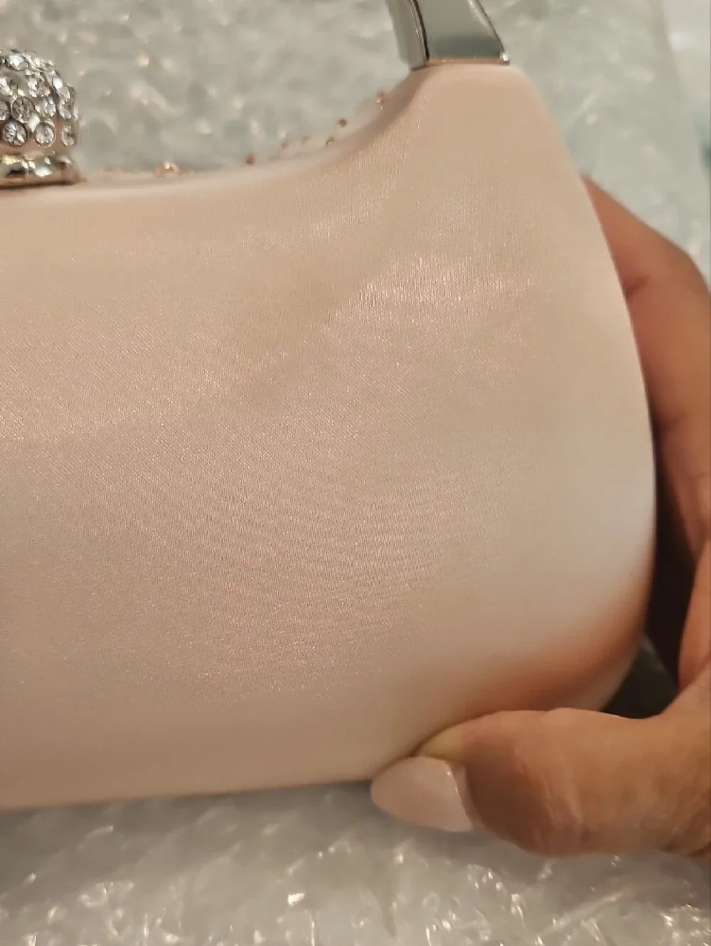 Nina Blush Pink Crystal-Embellished Evening Clutch with Silver Handle
