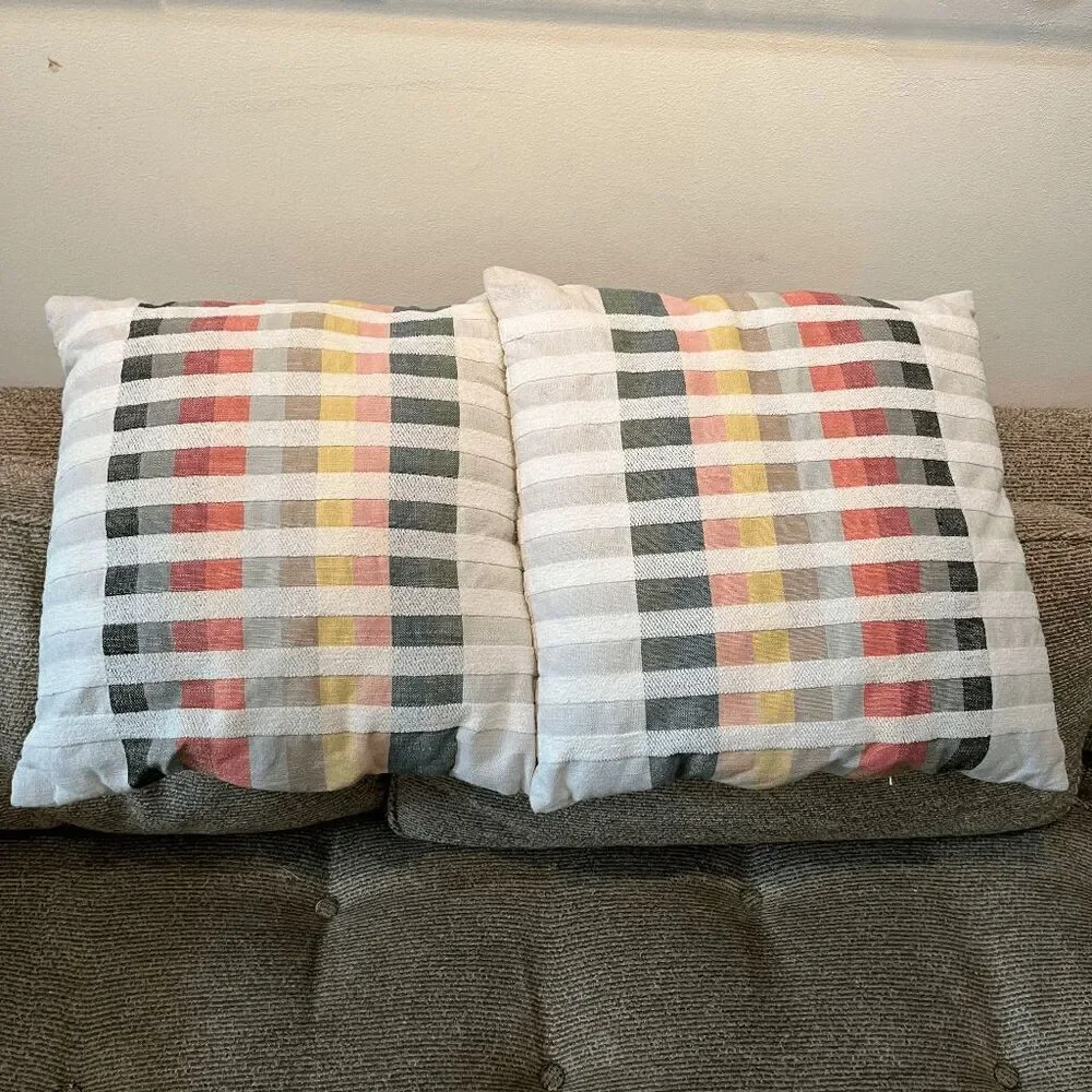 Set 2 Modern Woven Throw Pillows 18x18 Multicolor Grid Pattern Scandi MCM