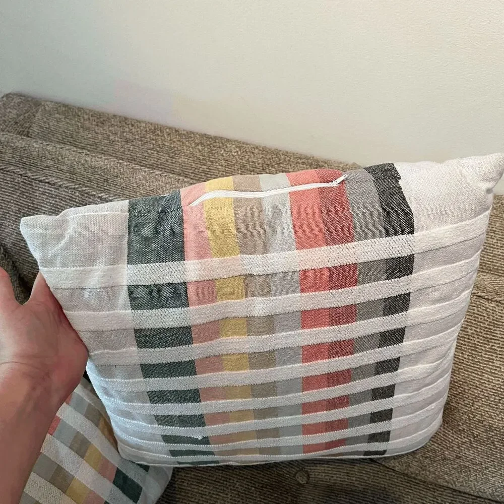 Set 2 Modern Woven Throw Pillows 18x18 Multicolor Grid Pattern Scandi MCM