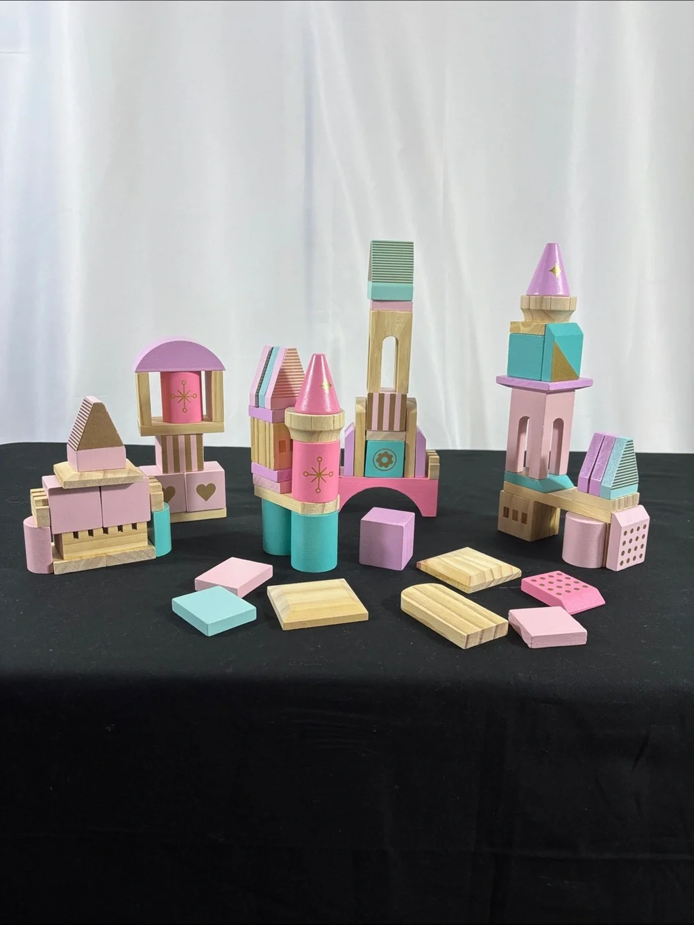 FAO Schwarz Pastel Wooden Building Block Castle Set - Pink & Teal 74 pieces