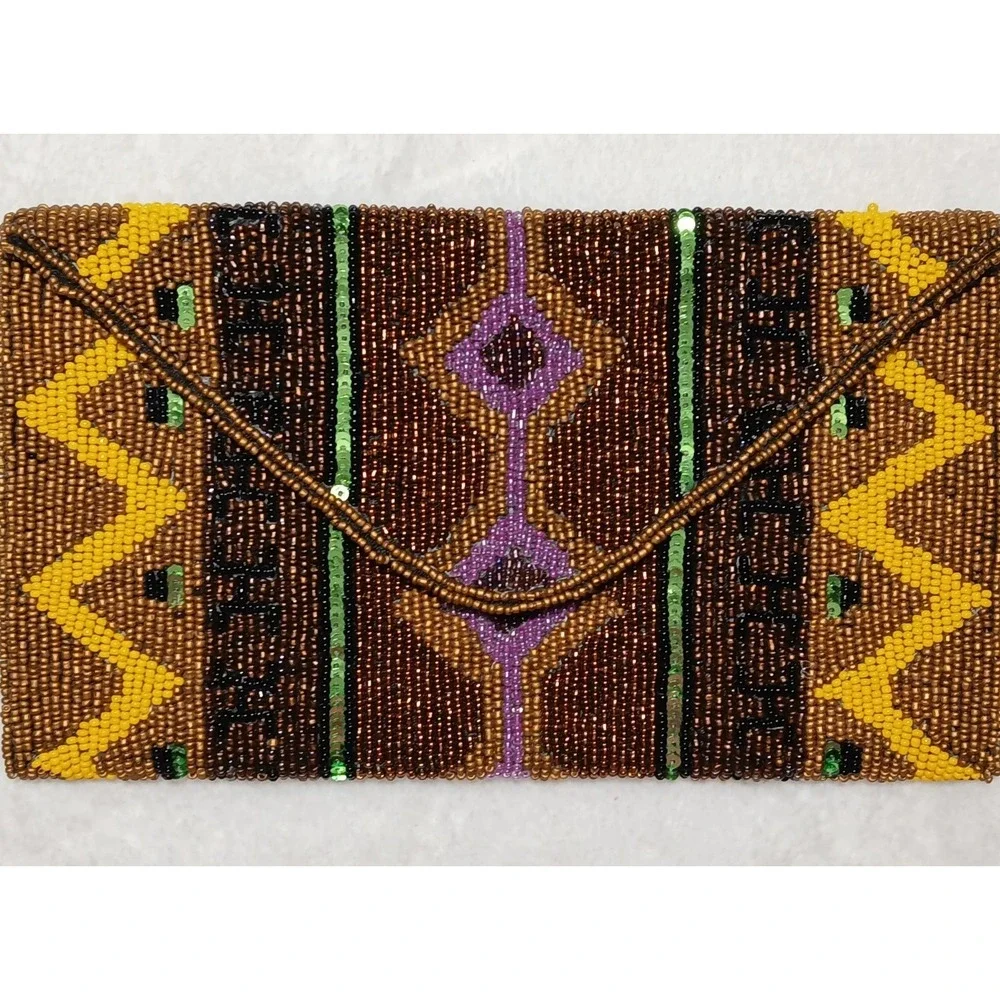 Boho-Chic Geometric Tribal‎ Hand-Beaded Clutch Purse Earthy Tones & Gold Accents