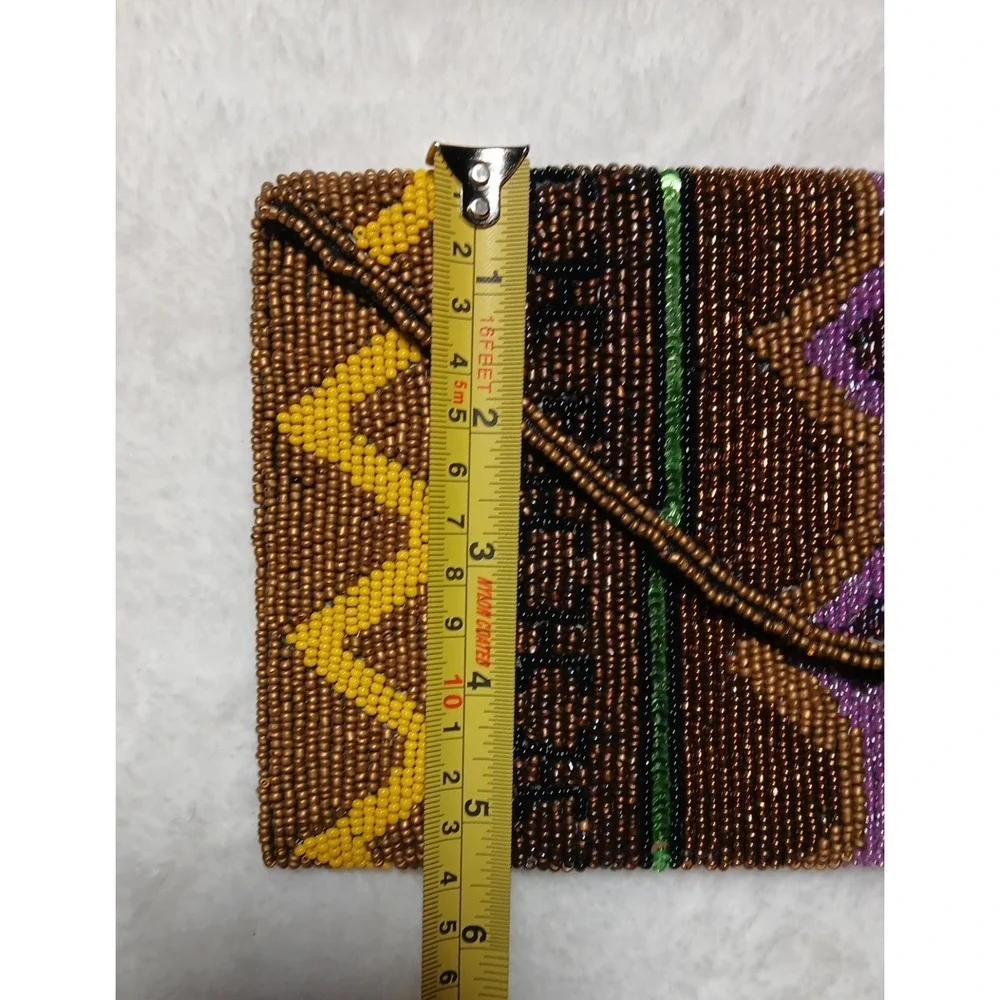 Boho-Chic Geometric Tribal‎ Hand-Beaded Clutch Purse Earthy Tones & Gold Accents