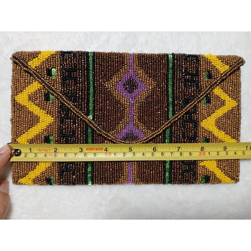 Boho-Chic Geometric Tribal‎ Hand-Beaded Clutch Purse Earthy Tones & Gold Accents