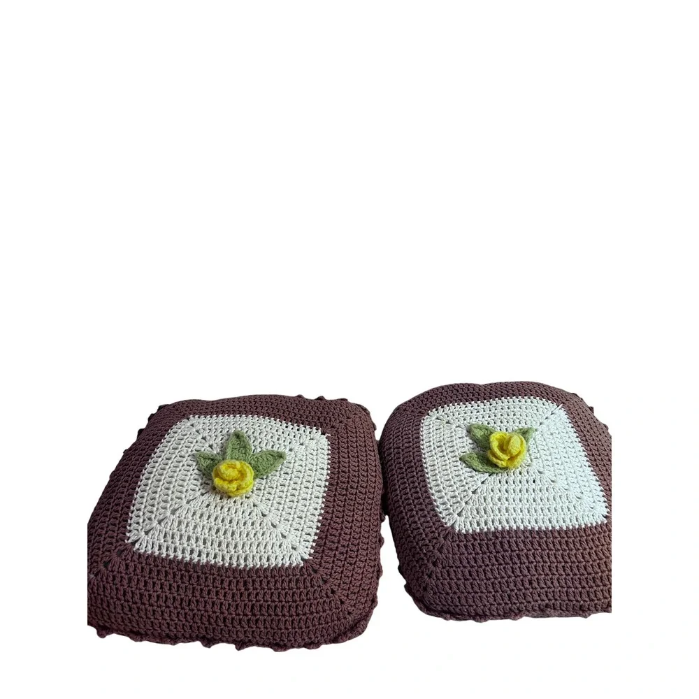Crochet Throw Pillows 14x14 Brown Cream Yellow Rose Floral Set of 2
