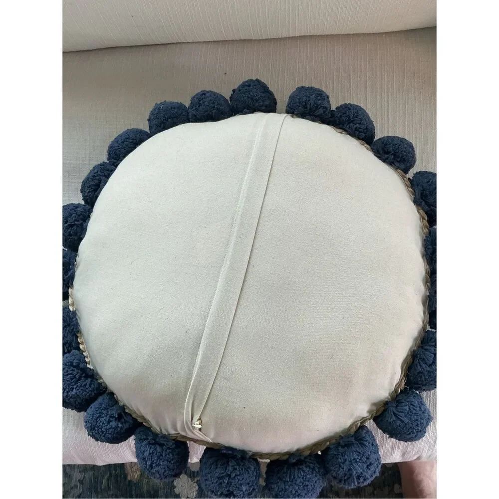 Pair of 24” Round Navy and Natural Jute Pom-Pom Throw Pillows Boho