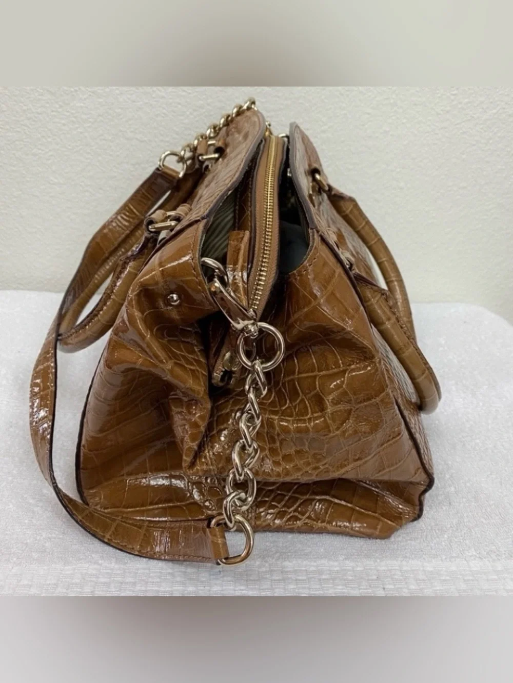 Kate Spade Women's Caramel Faux Croc Handle Shoulder Satchel Bag Classic Coastal