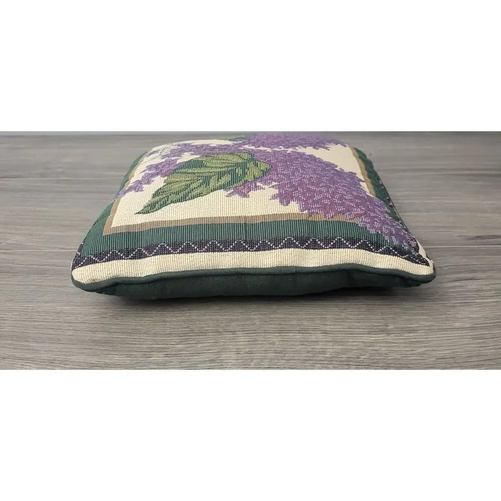 VTG Floral Tapestry Throw Pillow Purple Lilac Green Leaves Script Lettering
