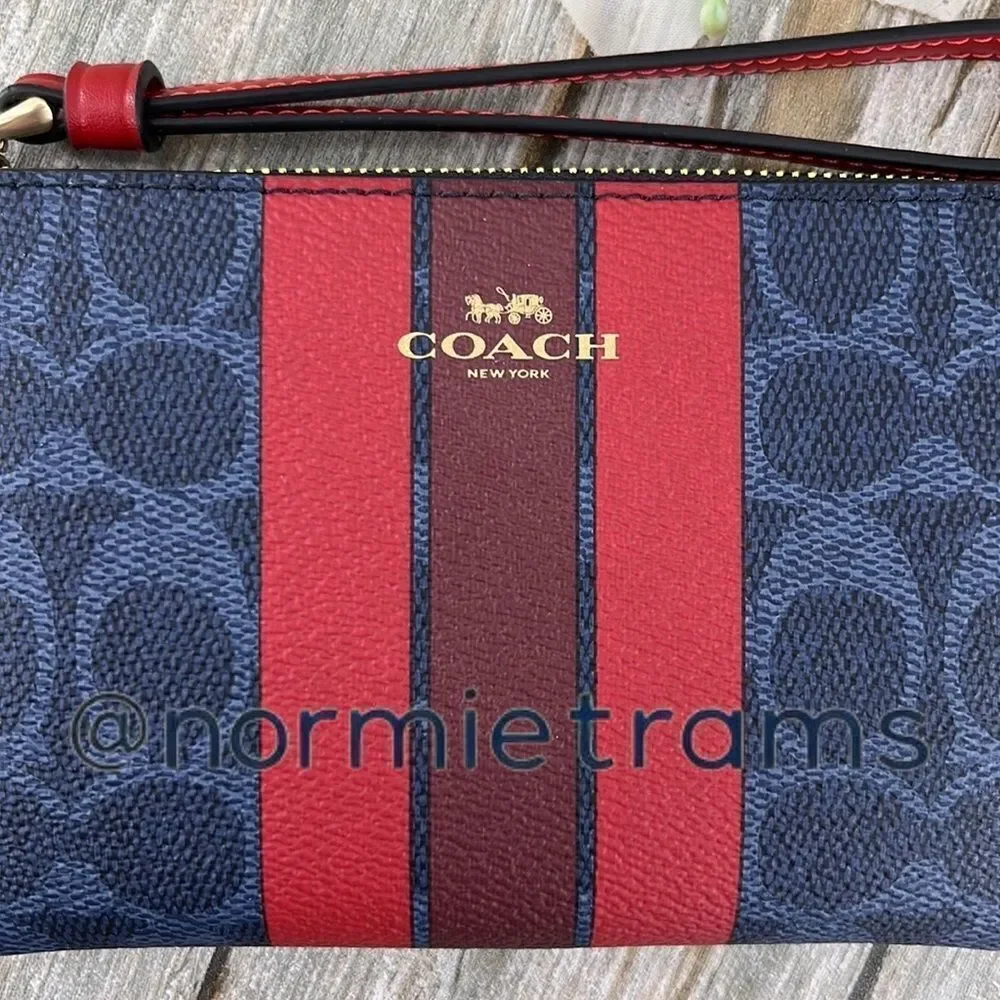 Coach Corner Zip Wristlet In Signature Canvas With Varsity Stripe Wallet Bag