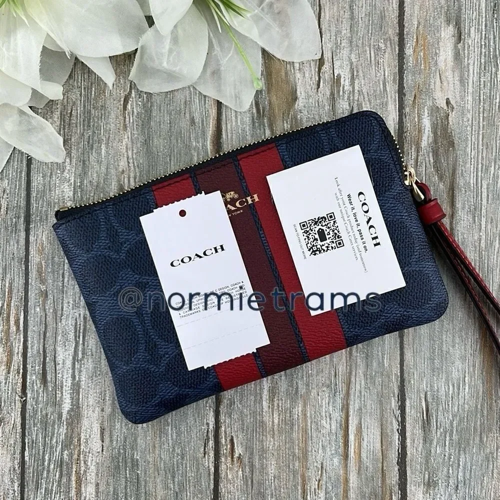 Coach Corner Zip Wristlet In Signature Canvas With Varsity Stripe Wallet Bag
