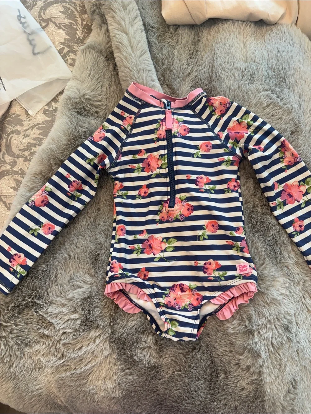RUFFLE BUTTS Girls Navy Stripe & Pink Floral Long-Sleeve Rash Guard Swimsuit