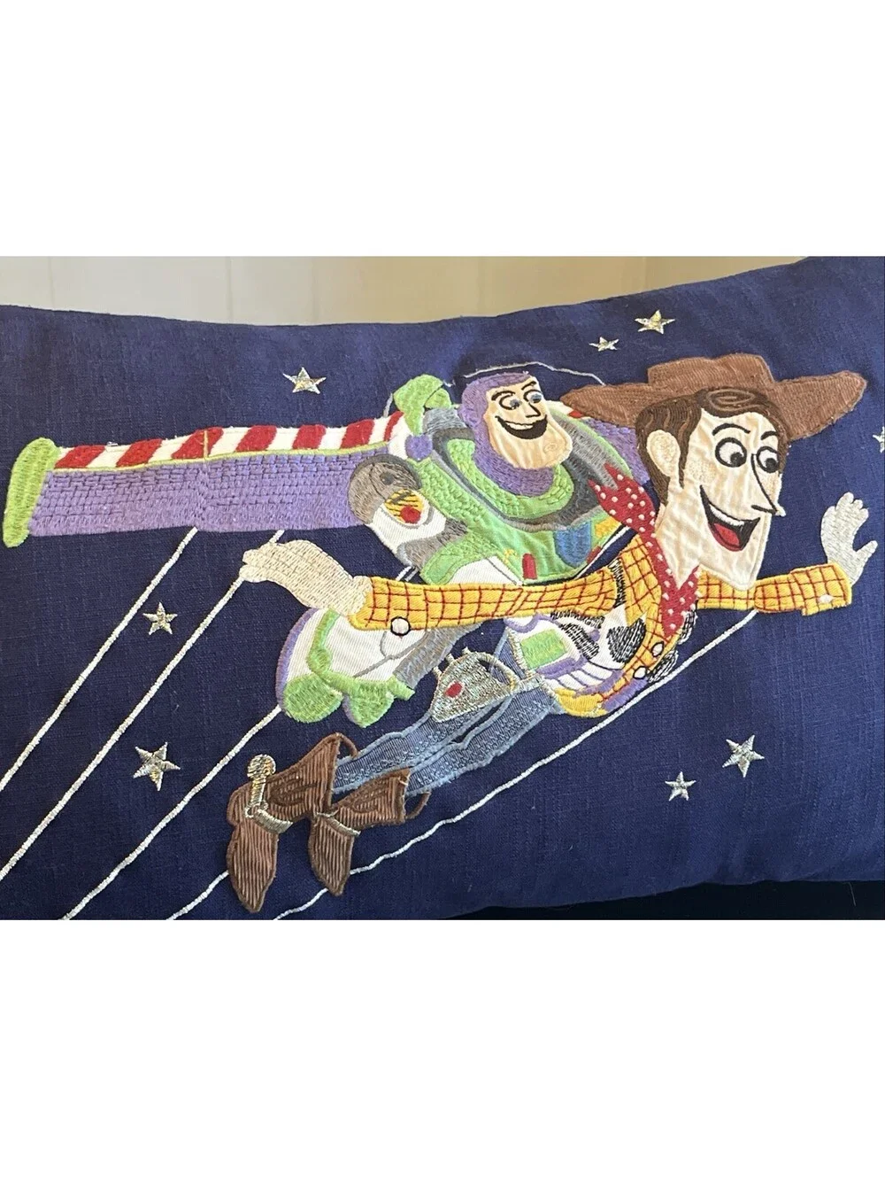 Pottery Barn Kids Toy Story Woody & Buzz Navy Embroidered Cotton Pillow 12x21