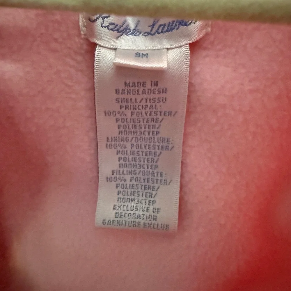 Ralph Lauren Pink Quilted Bunting Hooded Pram Suit Fleece Lined 9M