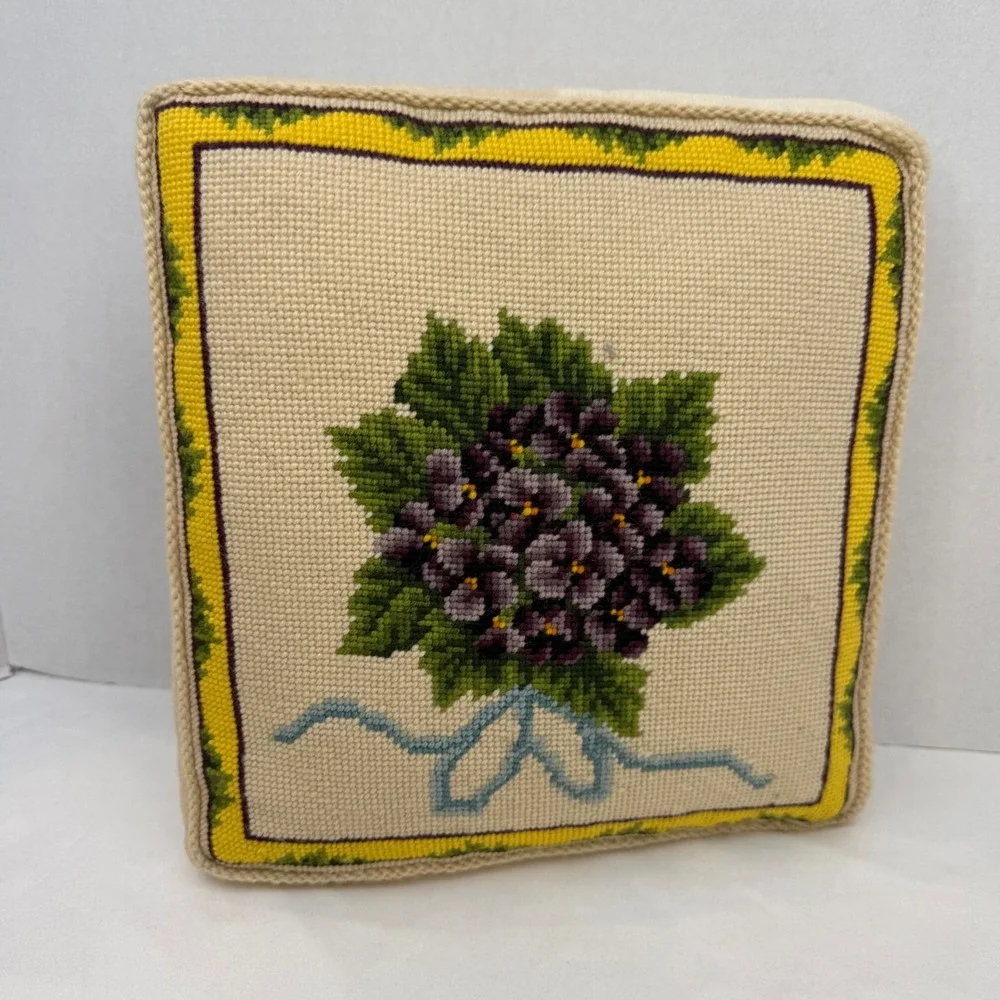 Vintage Needlepoint Violet Floral Throw Pillow Purple Yellow Velvet Back 12in