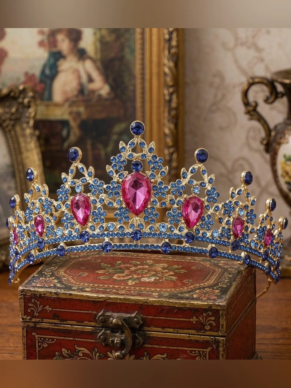 Gold Tiara Crown with Pink and Blue Gemstones